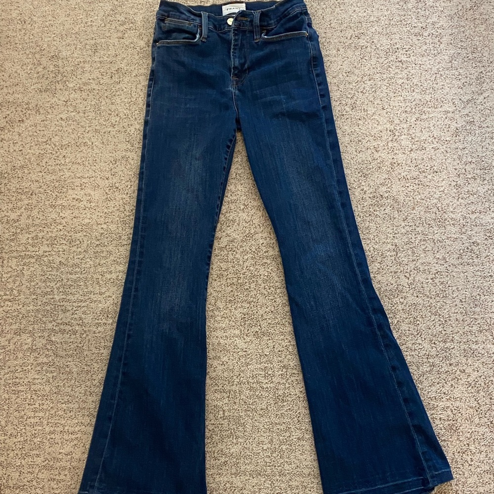 Frame Le High Flare / stretchy distressed bootcut designer denim, size 26